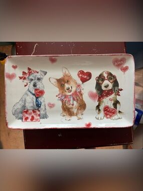 Pier 1 Decorative Dog Valentine Tray in White, Red, Pink